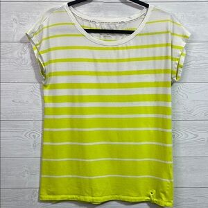 Lauren Ralph Lauren White and Neon Yellow Stripe Active Tee Women's Medium